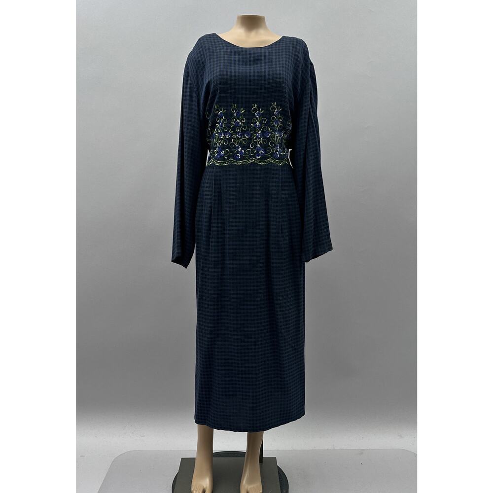 Sarah Elizabeth Vtg 80s Dress Women 18W Plaid Floral Embroidered Midi Modest